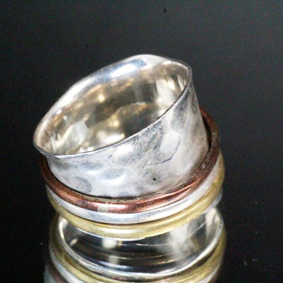 Sterling Silver Brass Modernist Hammered Wide Band Ring - Picture 2 of 8